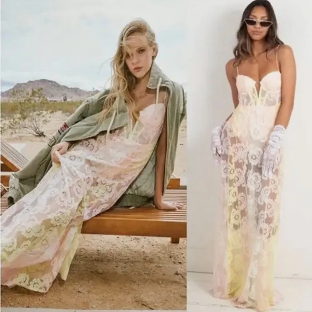 For Love And Lemons Pastel Floral Lace Chemise - Picture 3 of 8